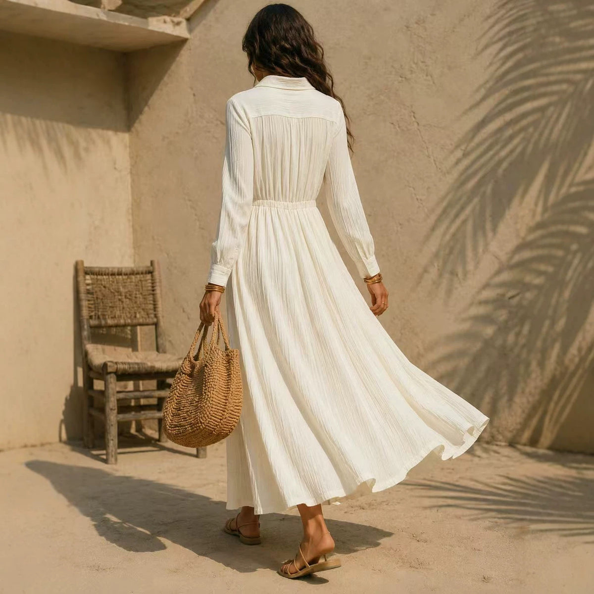 Fall Women Clothing Long Sleeve Shirt Dress Waist Slimming Vacation Solid Color Dress