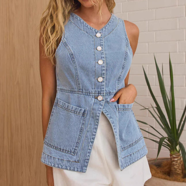 Slim Fit Buttoned Denim Cardigan Vest
