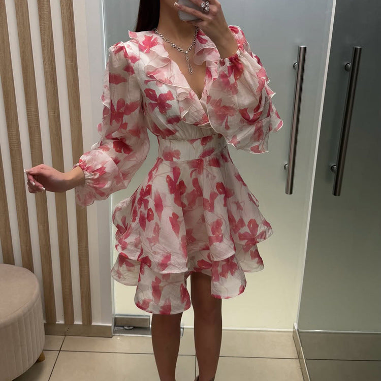 Women's Ruffled Floral V-Neck A-Line Dress
