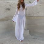 Women's Summer Sexy Backless Long Sleeves See Through Mesh Dress