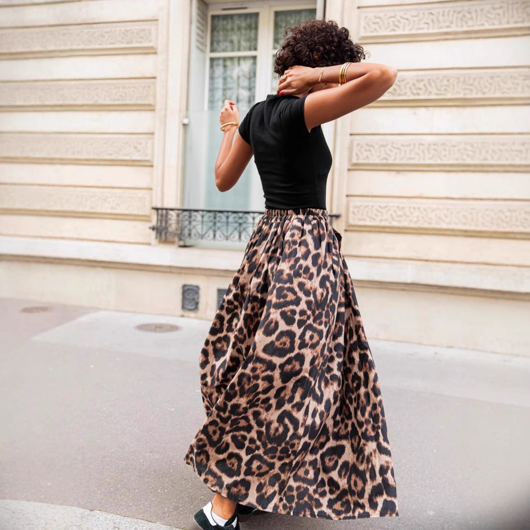 Spring Summer Leopard Print Pleated Puffy Skirt