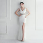 Women's Rhinestone Beaded V-Neck Slit Evening Maxi Dress