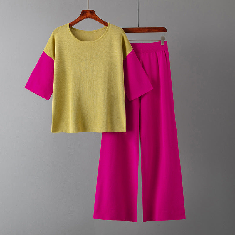 Suit Summer Loose Color Matching Top Casual High-Waisted Wide Leg Pants Two-Piece Set