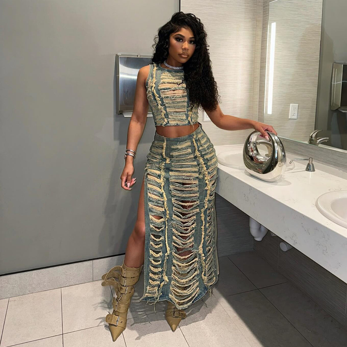Women's Denim Personalized Hand Worn Vest and Skirt Two-Piece Set