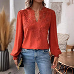Women's Autumn Winter V Neck Lace Solid Color Long Sleeve Casual T Women Top