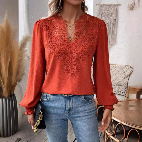 Women's Autumn Winter V Neck Lace Solid Color Long Sleeve Casual T Women Top