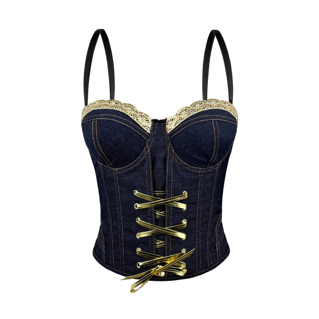 Women's 's Denim Lace Drawstring Boning Corset Bra Lace Camisole Slim Fit