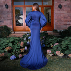 Women's Long Sleeve Elegant Blue Deep V Plunge Neck Tight Waist Hip Evening Dress Fishtail Dress Women
