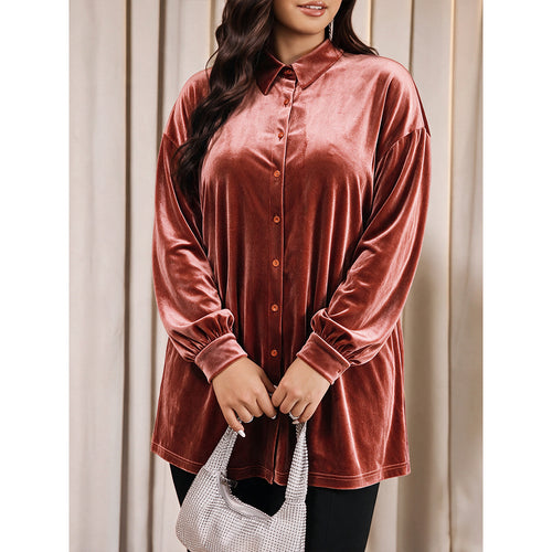 Plus Size Women Clothes Gold Velvet Long Shirt Collared Single Breasted Lantern Long Sleeve Loose Top