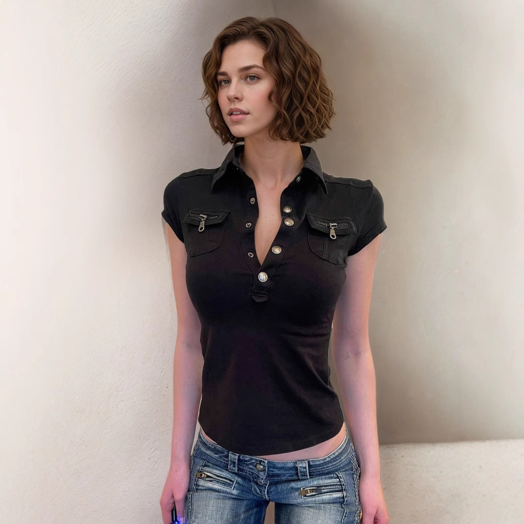 Women's Embroidered Polo Collar Zip Top