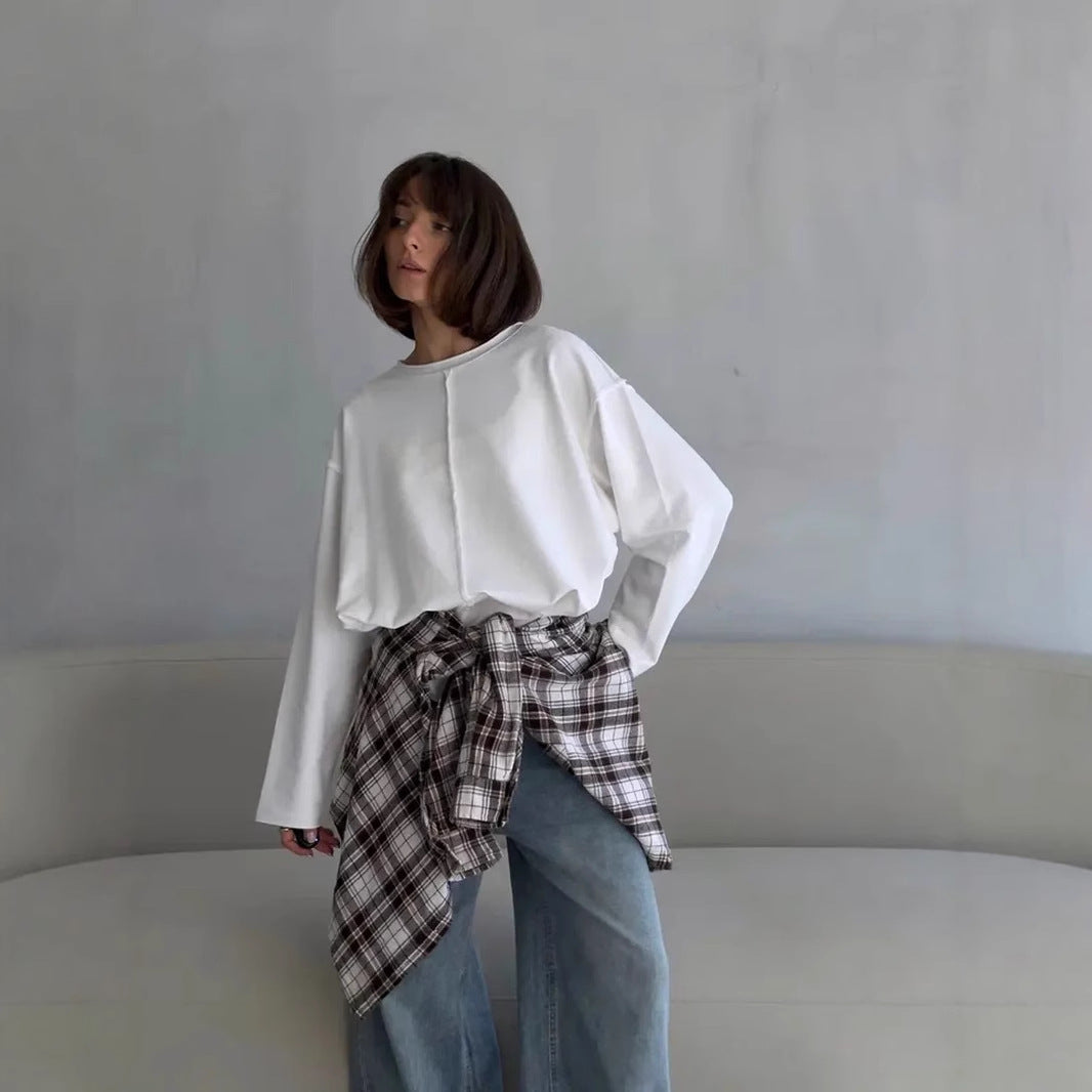 Women's Women's's Worn Cotton Long Sleeve T-Shirt Loose Soft Knitted Terry Cloth Top