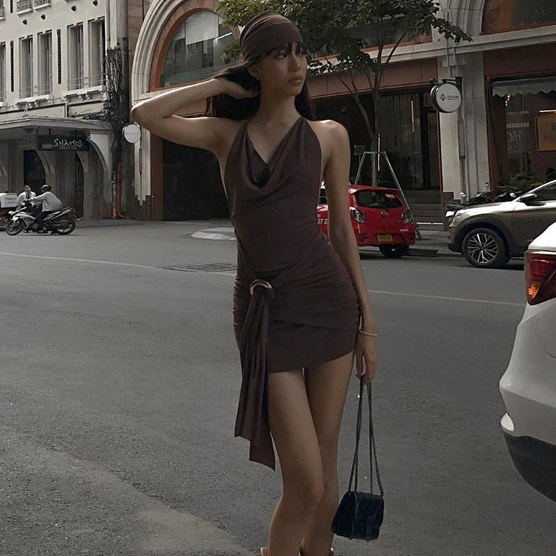 Backless Adult Lady Like Woman Deep V-Neck Plunge Strap Dress
