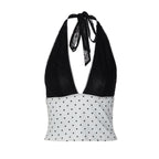 French Contrast Color V neck Halter Vest Summer Polka Dot Sexy Lace up Top