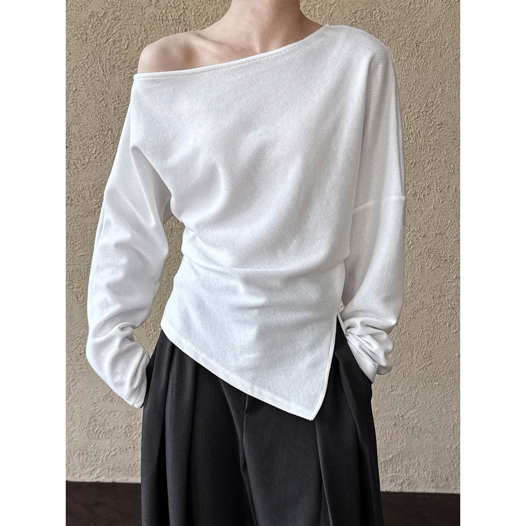 Women's High Grade Irregular Asymmetric Shoulder Sweater Women Special Interest Design Fold Split Waist Controlled Top
