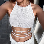 's Solid Color Halter Wool Lace Up Backless Vacation Top