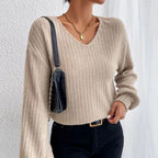 Women's Loose Knitwear V-Neck Drop Shoulder Lantern Sleeve T