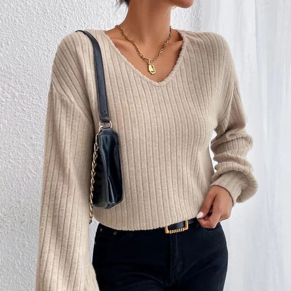 Women's Loose Knitwear V-Neck Drop Shoulder Lantern Sleeve T