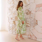 Chiffon Printed Long Sleeve Long V-Neck Tulle Floral Long Dress