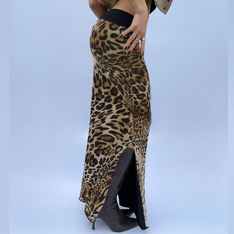 Streetwear Reverse Cuffed Waist Sheath Leopard Skirt