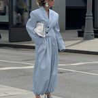 Women Collared Long Sleeve Top Loose Tappered Trousers Two Piece Set