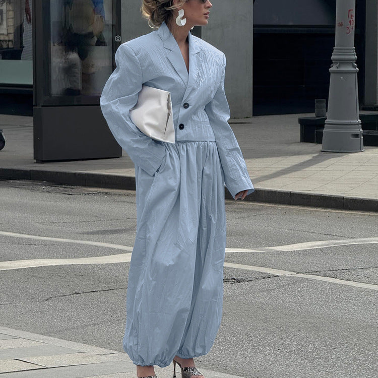 Women Collared Long Sleeve Top Loose Tappered Trousers Two Piece Set