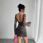 Leopard Print Backless Mesh Dress