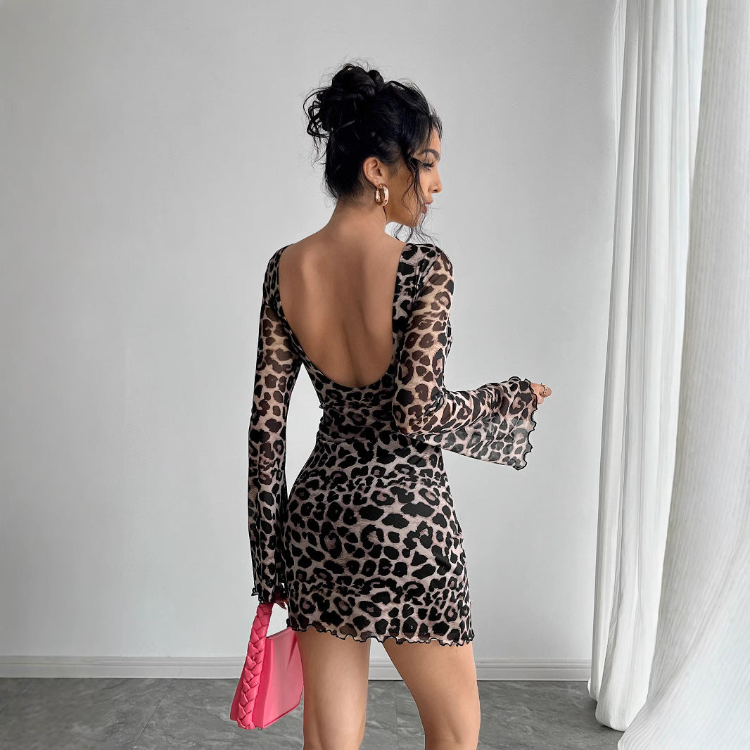 Leopard Print Backless Mesh Dress