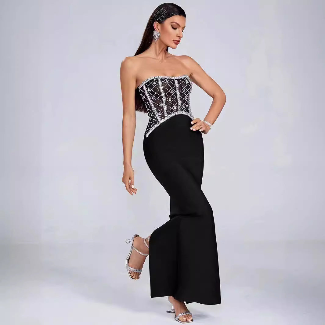 Women's Black Rhinestone Strapless Bandage Evening Dress