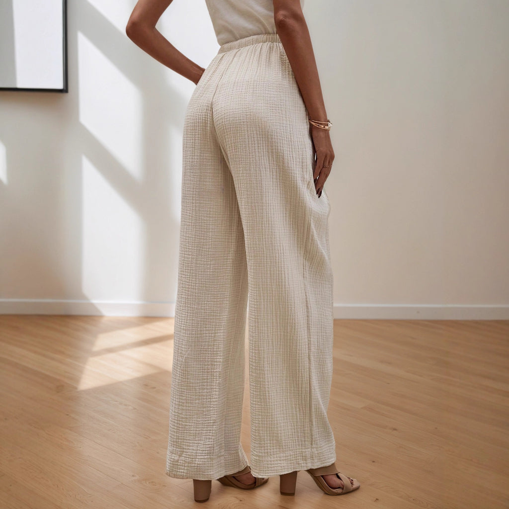 Summer Casual Solid Color Cotton Trousers Elegant Simple All Match Elastic Wide Leg Pants