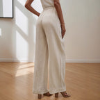 Summer Casual Solid Color Cotton Trousers Elegant Simple All Match Elastic Wide Leg Pants