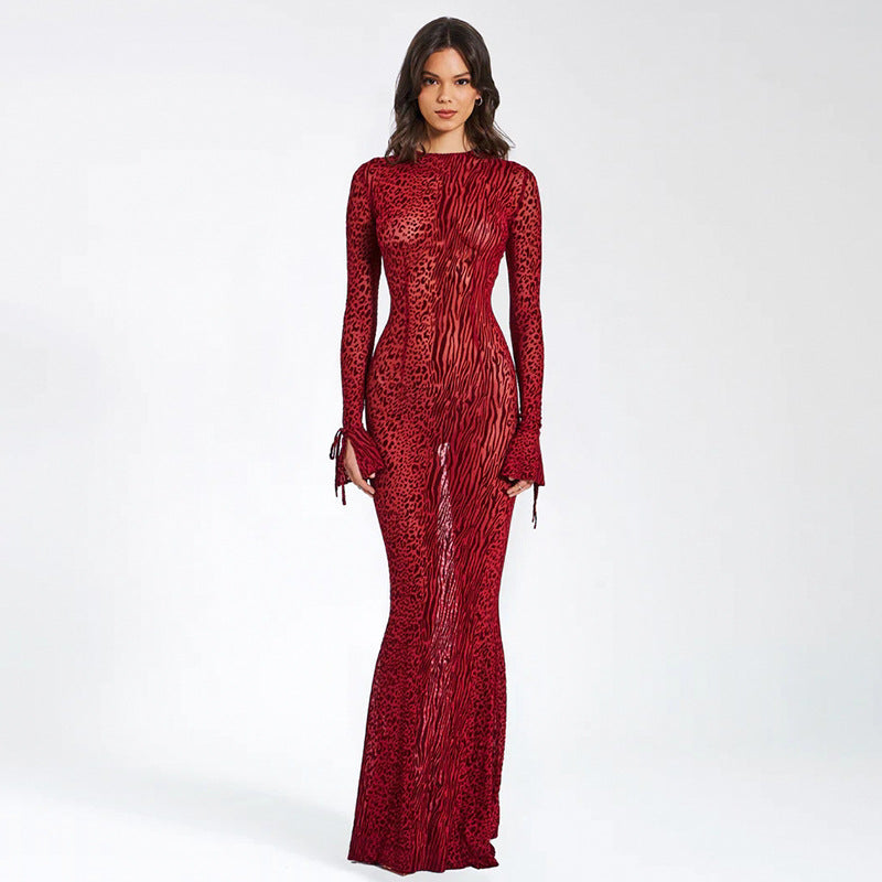 Sexy Round Neck Bare Back Party Red Leopard Print Print