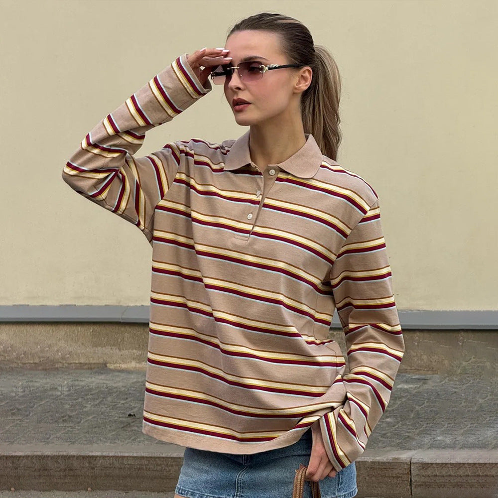 Women's Striped Cotton Polo Collar Long Sleeve Top