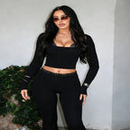 Spring Slim Fit Cropped Top Lace Edge Bootcut Pants Set