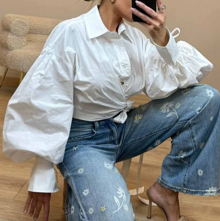Women's Fall Lace Up Cropped Shirt Collared