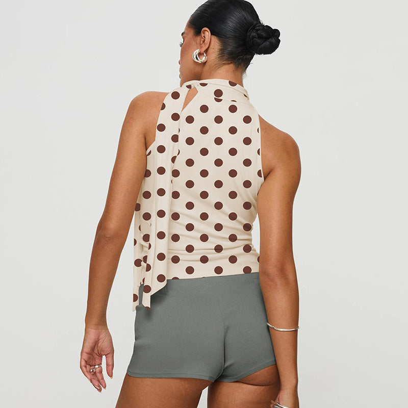 Women's Clothing Summer Lace Up Halterneck Sleeveless T Shirt Sexy Polka Dot Printed Top Wild Vest