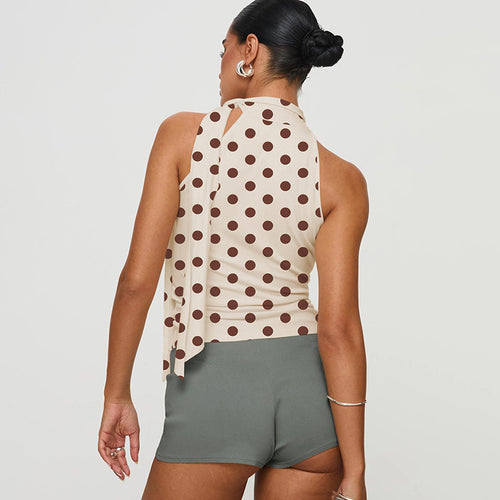 Women's Clothing Summer Lace Up Halterneck Sleeveless T Shirt Sexy Polka Dot Printed Top Wild Vest