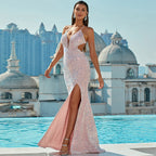 Women's V-Neck Sequin Cami Slit Evening Maxi Dress
