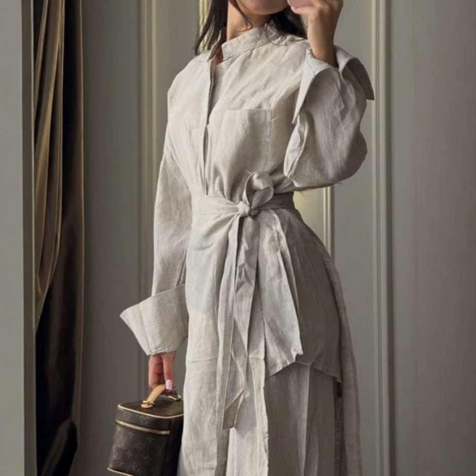 Women Cotton Linen Shirt Apron Trousers Three Piece Set