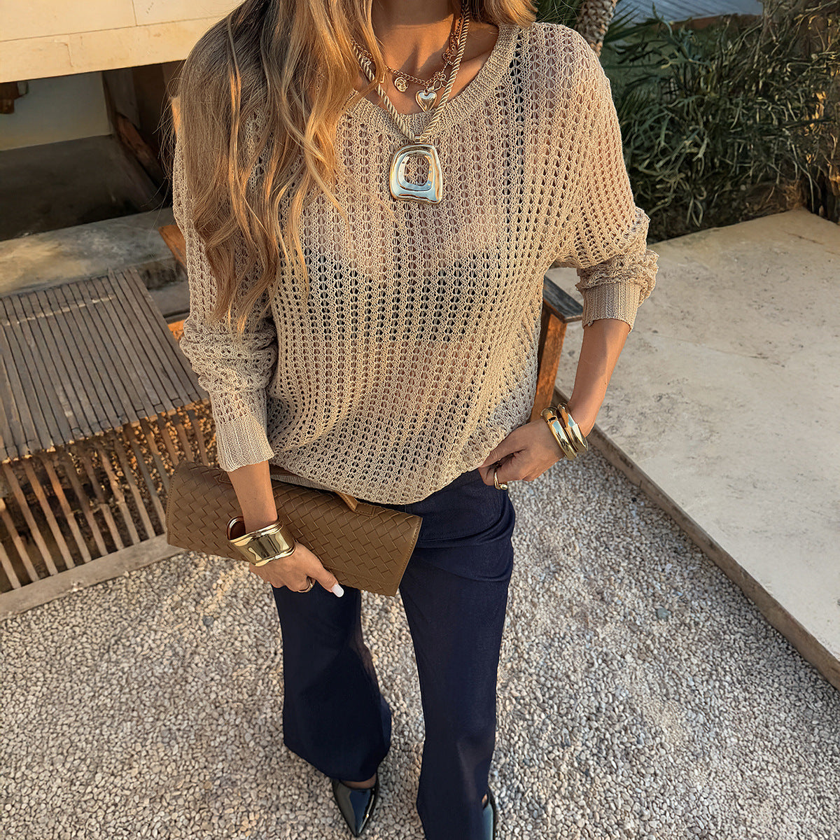 Women's Hollow Out Cutout Loose Round Neck Woolen Vacation Top
