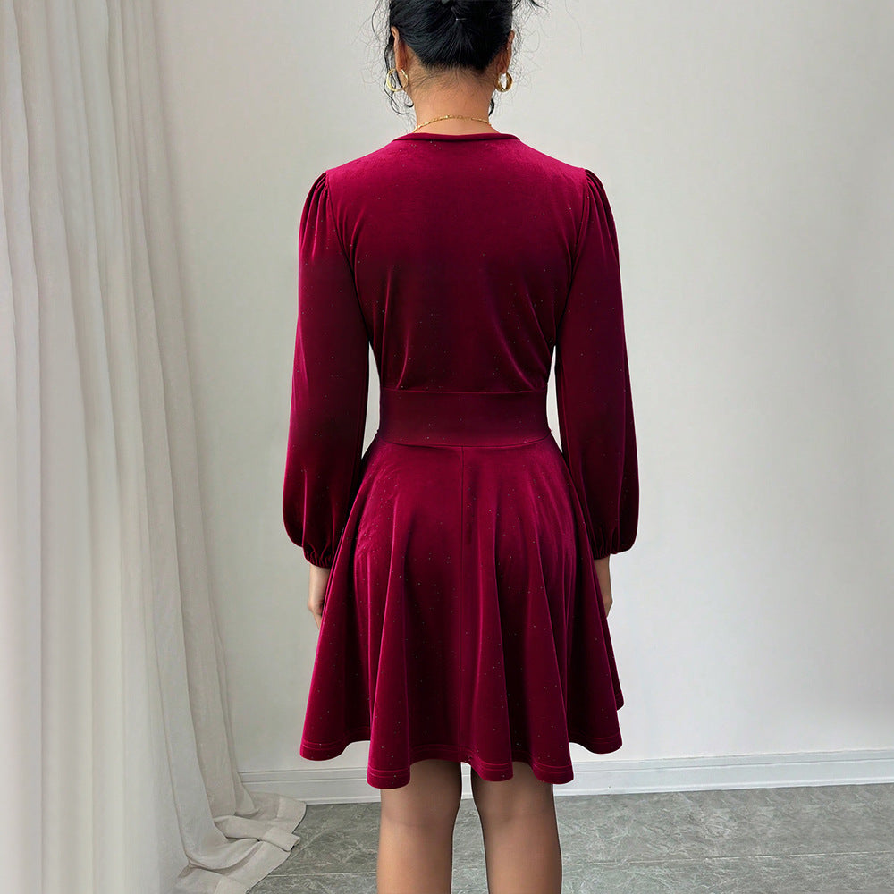 Women's Wine-Red Velvet A-Line Dress