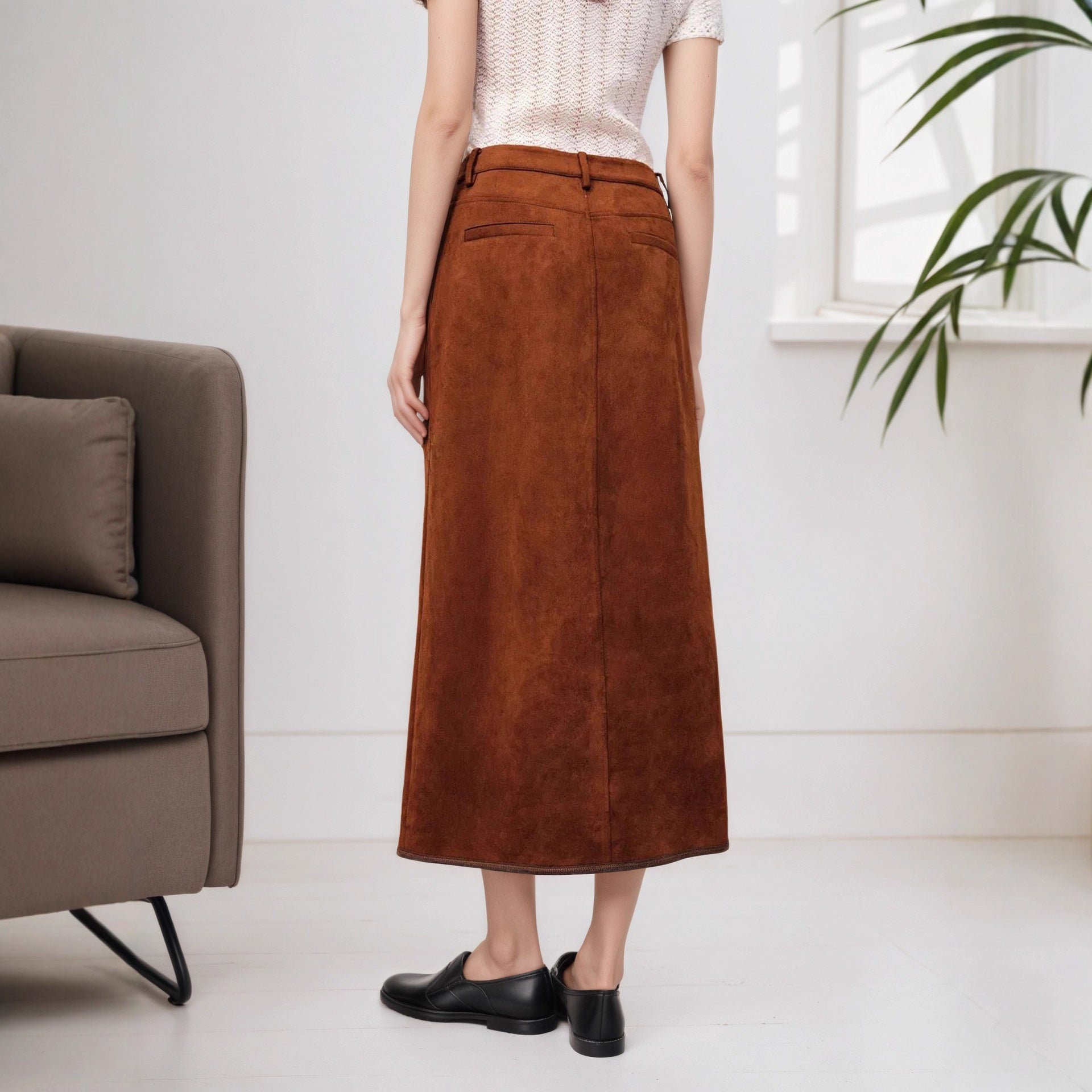 Women's Vintage Suede High-Waist Button Midi Skirt
