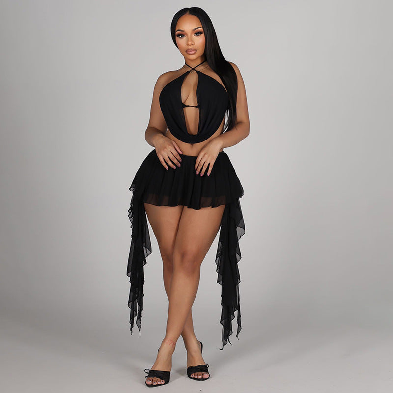 Women Clothing Summer Halter Swing Collar Tied Top Faux Two Pieces Ruffled Set