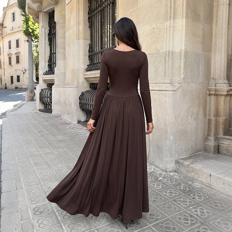 Women's Simple Retro Solid Color Square Collar Pleated Long Sleeve Dress