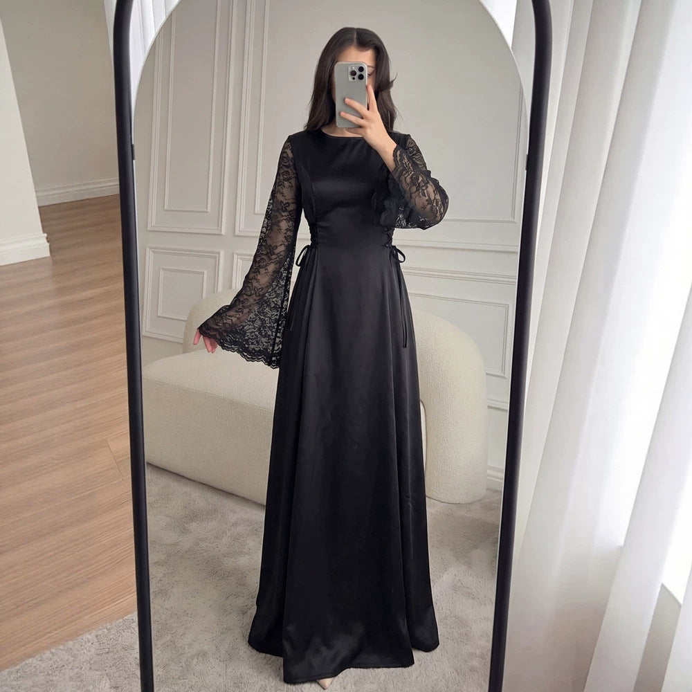 Women's Autumn Ladies Elegant Lace Stitching Long Sleeve Mesh Dress