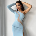 Women's One-Shoulder Mesh Split Midi Dress