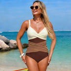 One-piece swimsuit with white and brown color-block, twisted V-neck