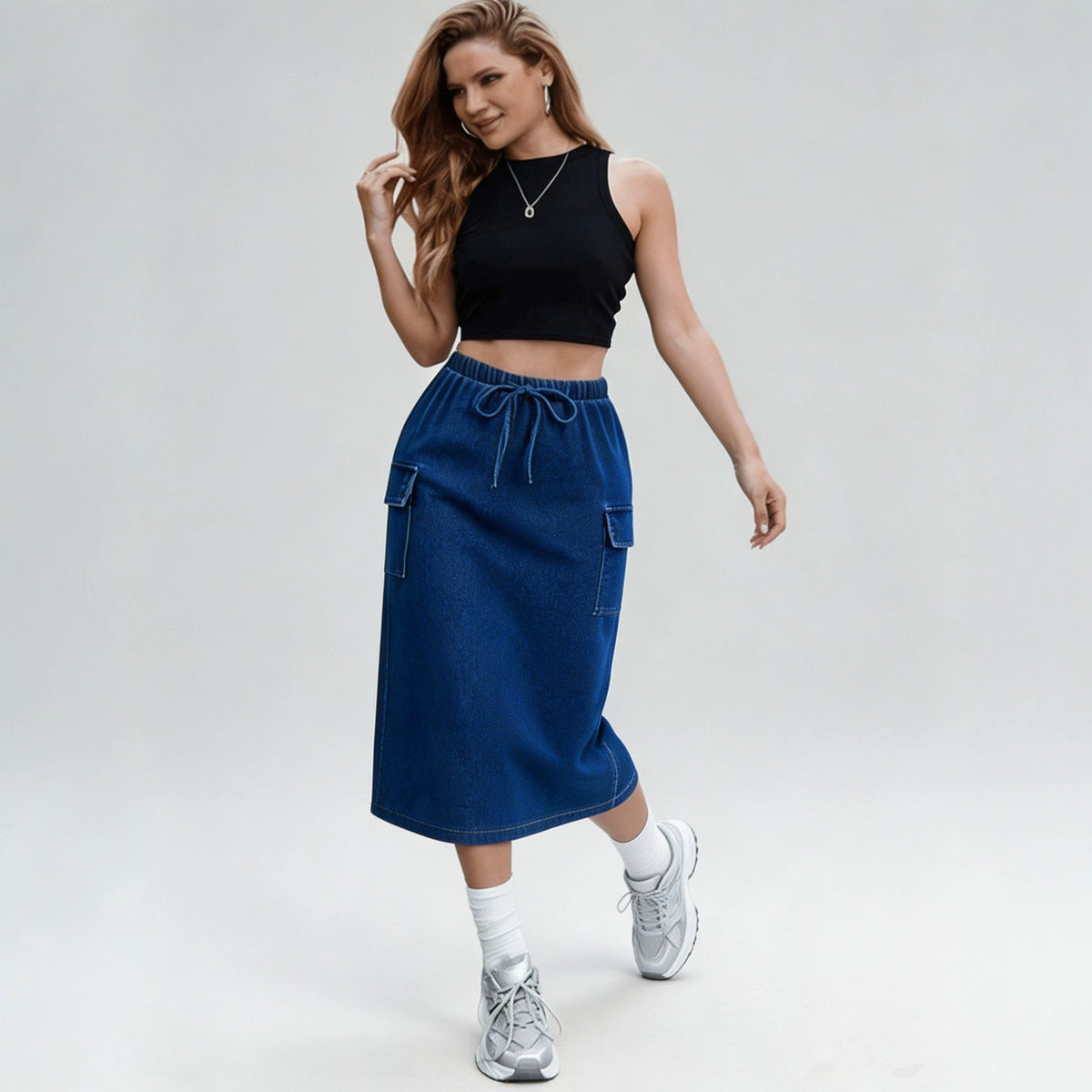 High-Waist Midi Denim Skirt