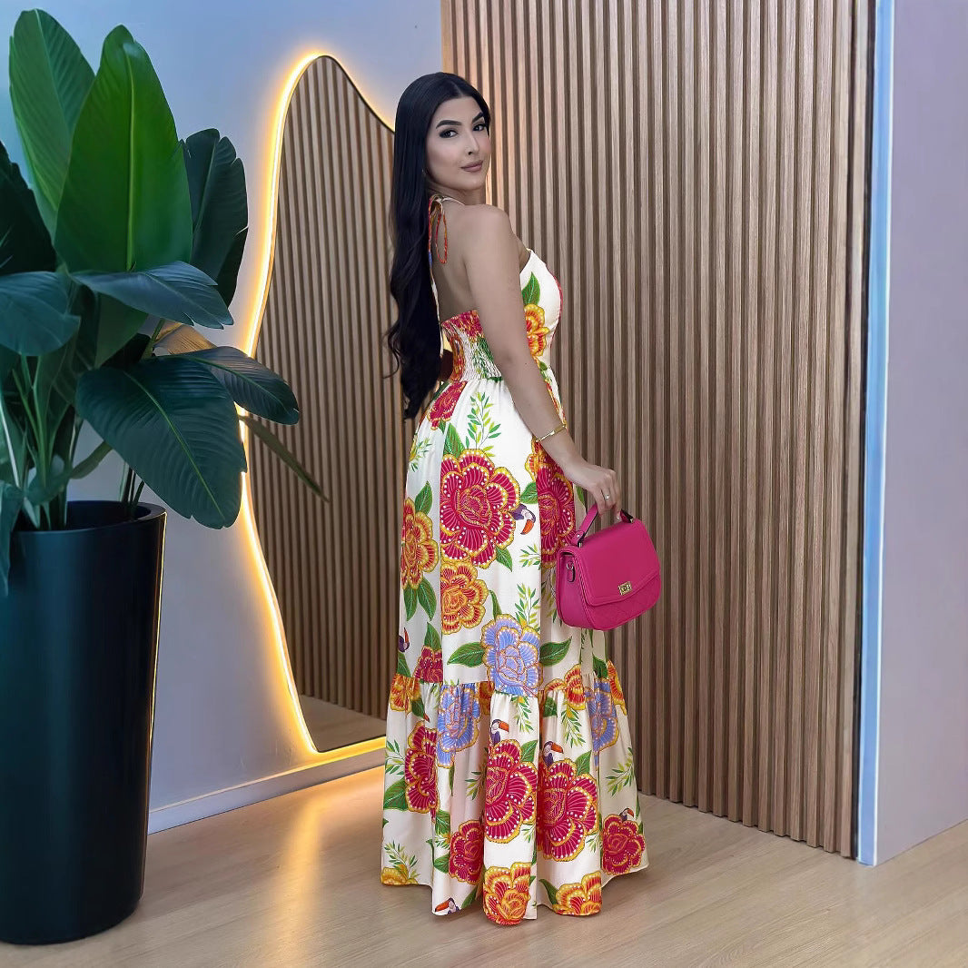 Floral Halter Backless A-Line Maxi Dress