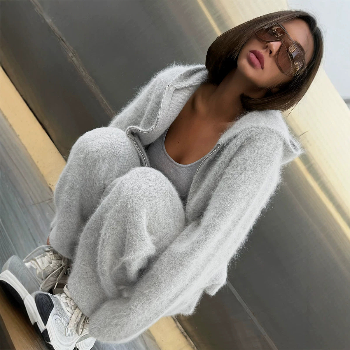 's Autumn Mink-Like Hooded Zipper Sweater Cardigan Double Pocket Trousers Woolen Set