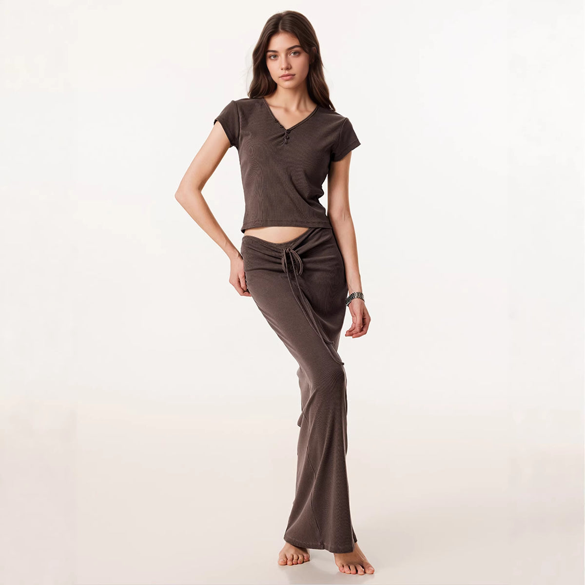 Women's V-Neck Short-Sleeve Top and Skirt Two-Piece Set